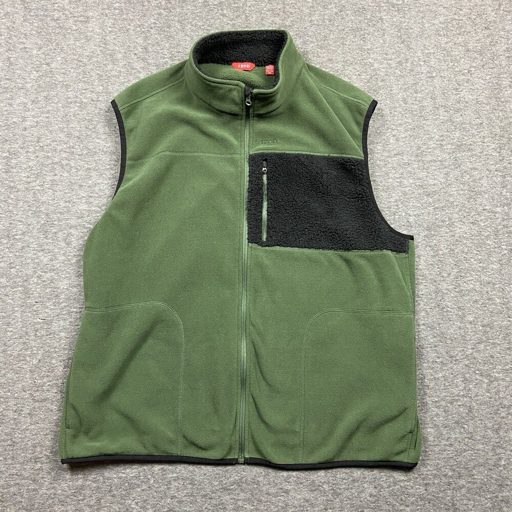 IZOD Full Zip Fleece Vest Green/Black Mens XXL Stand-Up Collar Chest Pocket